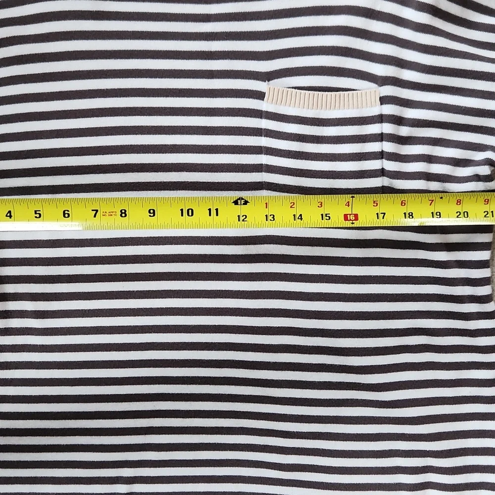Lighter Weight 100% Cotton Sweater Dark Gray and White Stripe Tan border - Large